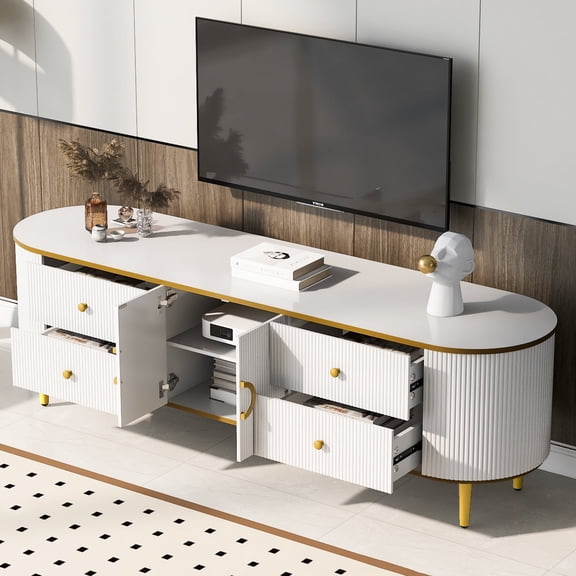 Modern TV Stand for TVs Up to 80 Inch, Entertainment Center Console Table Cabinet with 4 Drawers and Doors, for Living Room Bedroom