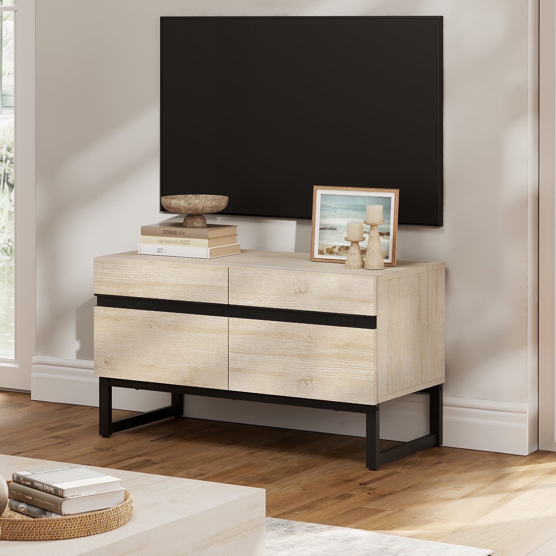 Modern TV Stand for TVs up to 50 inch, Entertainment Center TV Console with Storage Cabinets and Metal Base,Media Console for Living Room