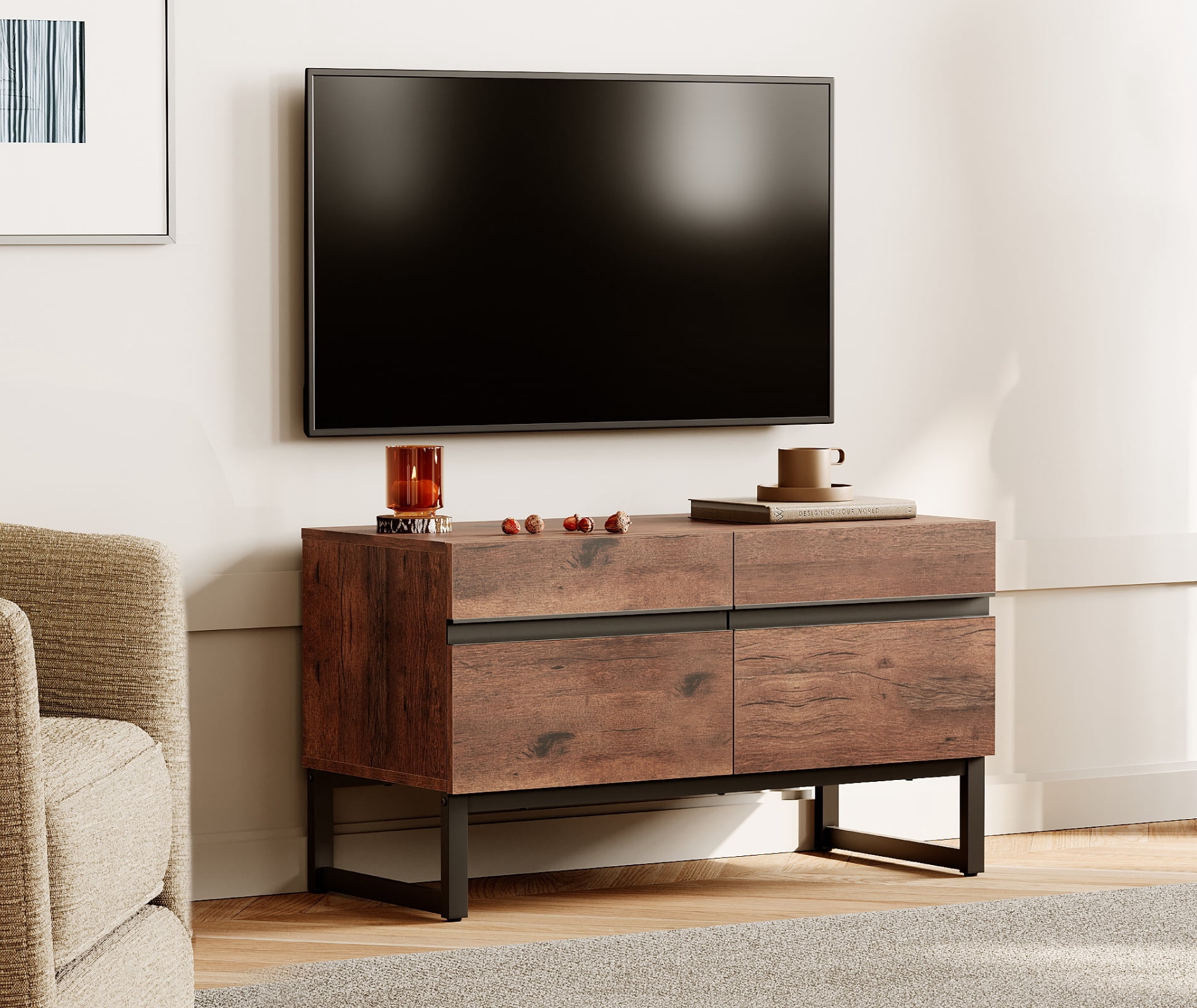 Modern TV Stand for TVs up to 50 inch, Entertainment Center TV Console with Storage Cabinets and Metal Base,Media Console for Living Room