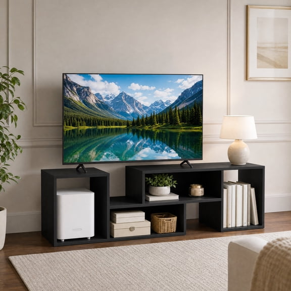 Modern TV Stand for TVs up to 55 Inch, Adjustable Entertainment Center with Storage Cubes for Living Room ,Black