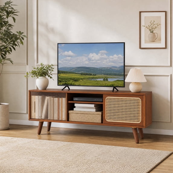 Modern TV Stand for TVs up to 55" with Rattan& Glass Sliding Doors, Entertainment Center Media Console for Living Room, Bedroom,Brown
