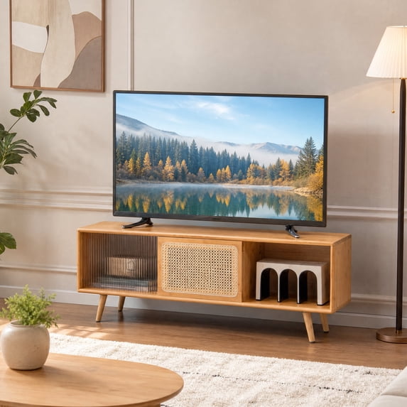 Modern TV Stand for TVs up to 55" with Rattan& Glass Sliding Doors, Entertainment Center Media Console for Living Room, Bedroom,Natural