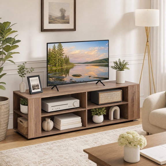 Modern TV Stand for TVs up to 65 Inch, Entertainment Center Media Console Table with 8 Open Shelves,Light Gray