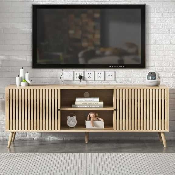 Modern TV Stand for TVs up to 70 Inches, with Sliding Doors, Media Console for Living Room (Natural)