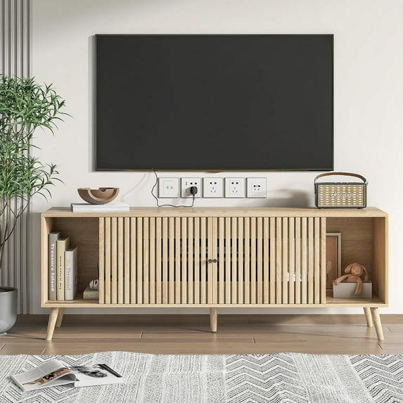 Modern TV Stand for TVs up to 70'', Sliding Doors, Entertainment Center with Storage, Media Console