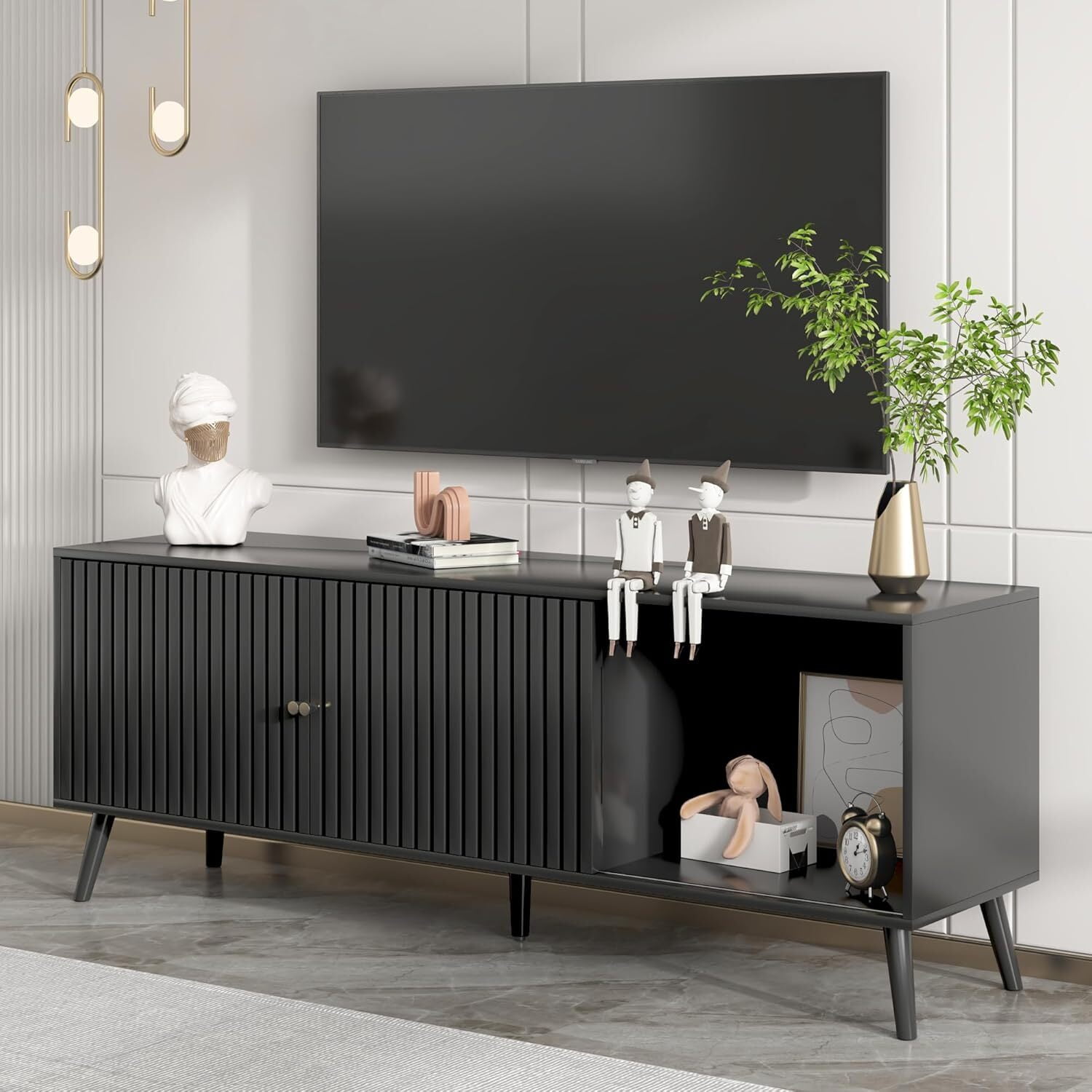 Black Mid-Century Modern TV Stand with Sliding Doors and Storage
