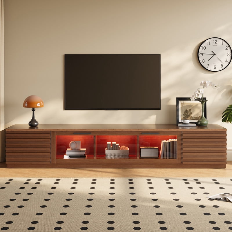 Modern TV Stand for TVs up to 80", Entertainment Center with Cable Holes, Media Console Table with Flap Glass Door & LED Light