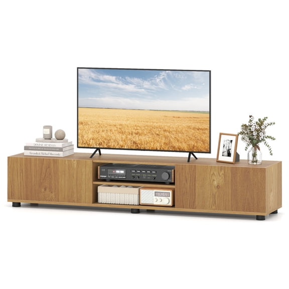 Modern TV Stand for up to 70" TVs with 2 Doors and Open Shelves, Minimalist Entertainment Center for Living Room, TV Media Console,Natural