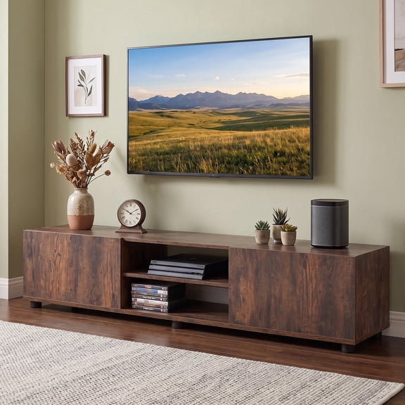 Modern TV Stand for up to 70" TVs with 2 Doors and Open Shelves, Minimalist Entertainment Center for Living Room, TV Media Console,Rustic Brown