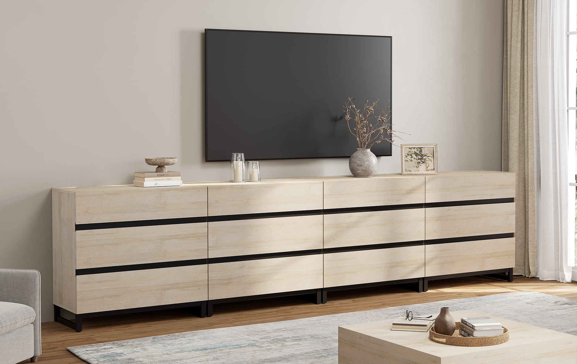 Modern TV Stand with 12 Drawers and Metal Base, Entertainment Center Media Console for Living Room Bedroom, Fits TVs up to 120 Inch, Beige
