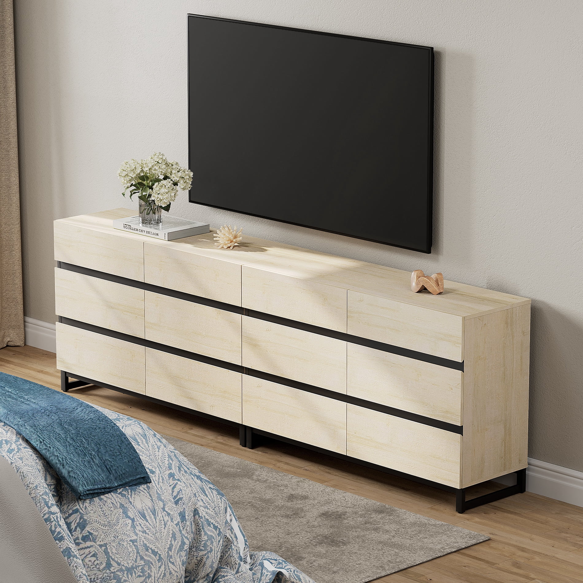 Modern TV Stand with 12 Drawers and Sturdy Metal Base, Entertainment Center Media Console for Living Room and Bedroom, Fits TVs up to 100 Inch, Beige