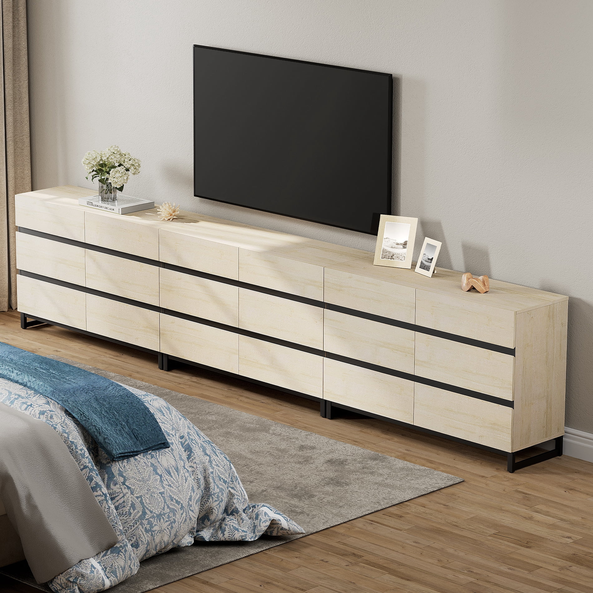 Modern TV Stand with 18 Drawers and Sturdy Metal Base, Entertainment Center Media Console for Living Room and Bedroom, Fits TVs up to 120 Inch, Beige