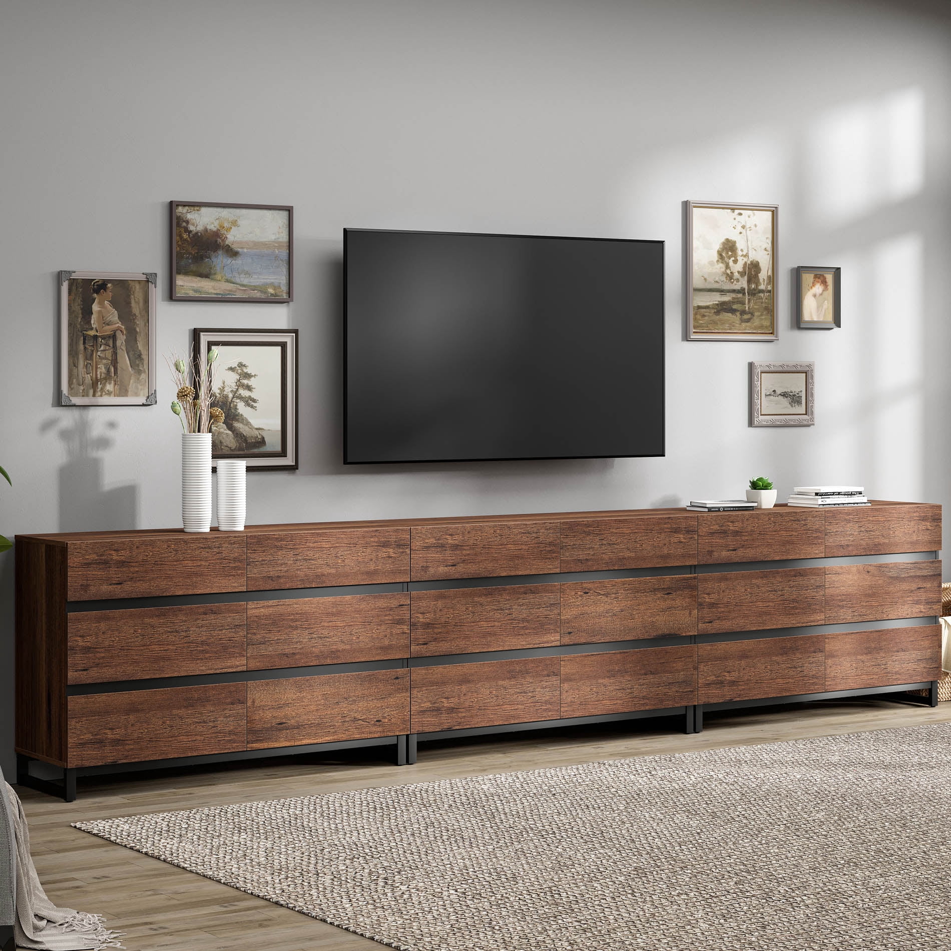 Modern TV Stand with 18 Drawers and Sturdy Metal Base, Entertainment Center Media Console for Living Room and Bedroom, Fits TVs up to 120 Inch, Brown