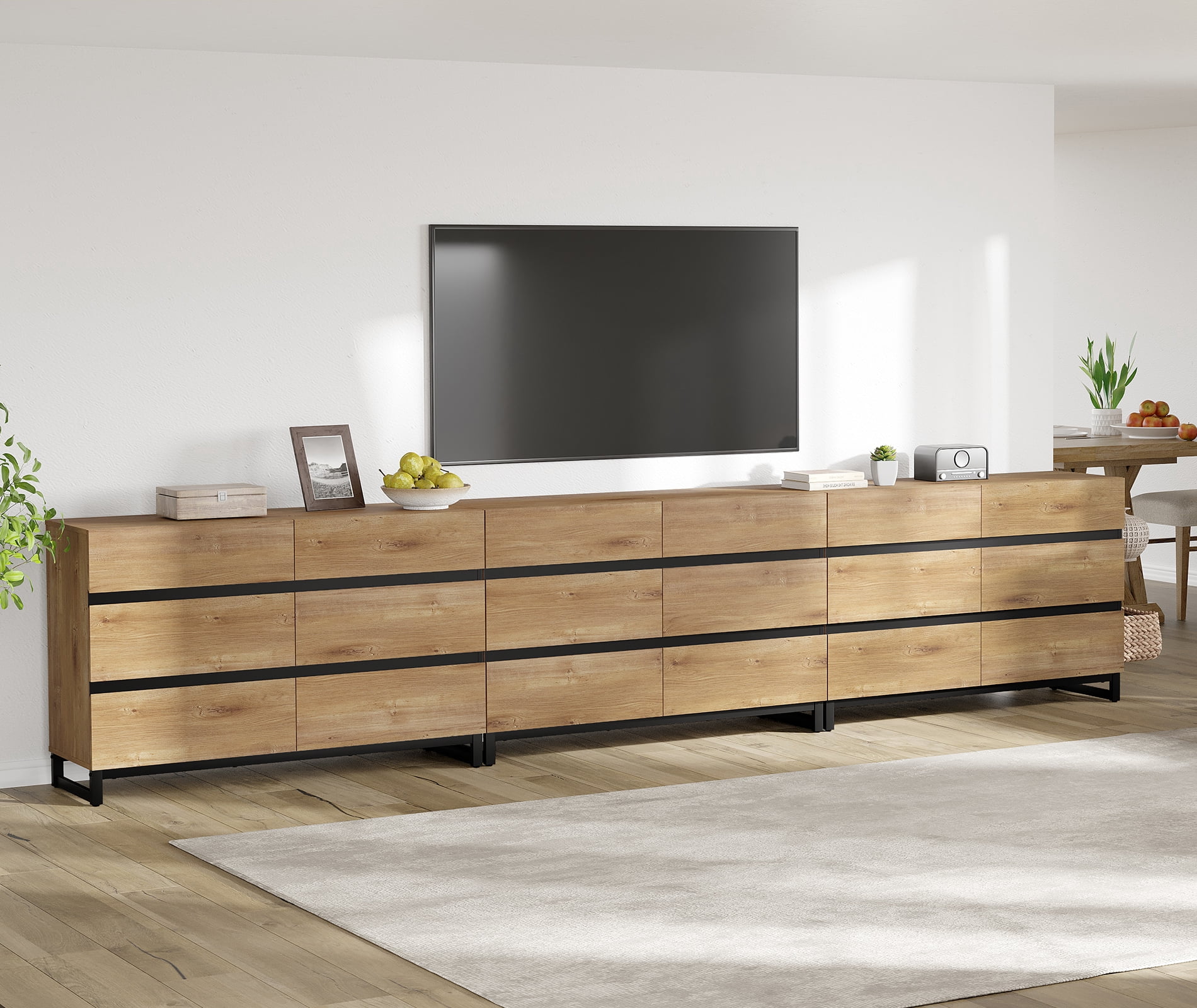 Modern TV Stand with 18 Drawers and Sturdy Metal Base, Entertainment Center Media Console for Living Room and Bedroom, Fits TVs up to 120 Inch, Oak