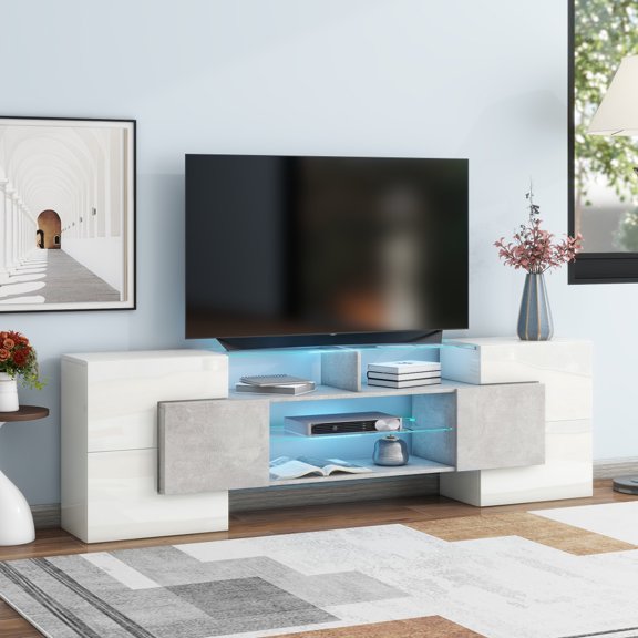 Modern TV Stand with 2 Illuminated Glass Shelves, Unique Shape TV Cabinet Entertainment Cente Media Console Table with LED Color Changing Lights