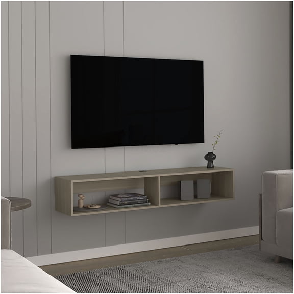 Modern TV Stand with 2 Shelves, Light Oak Engineered Wood Console Table for Living Room