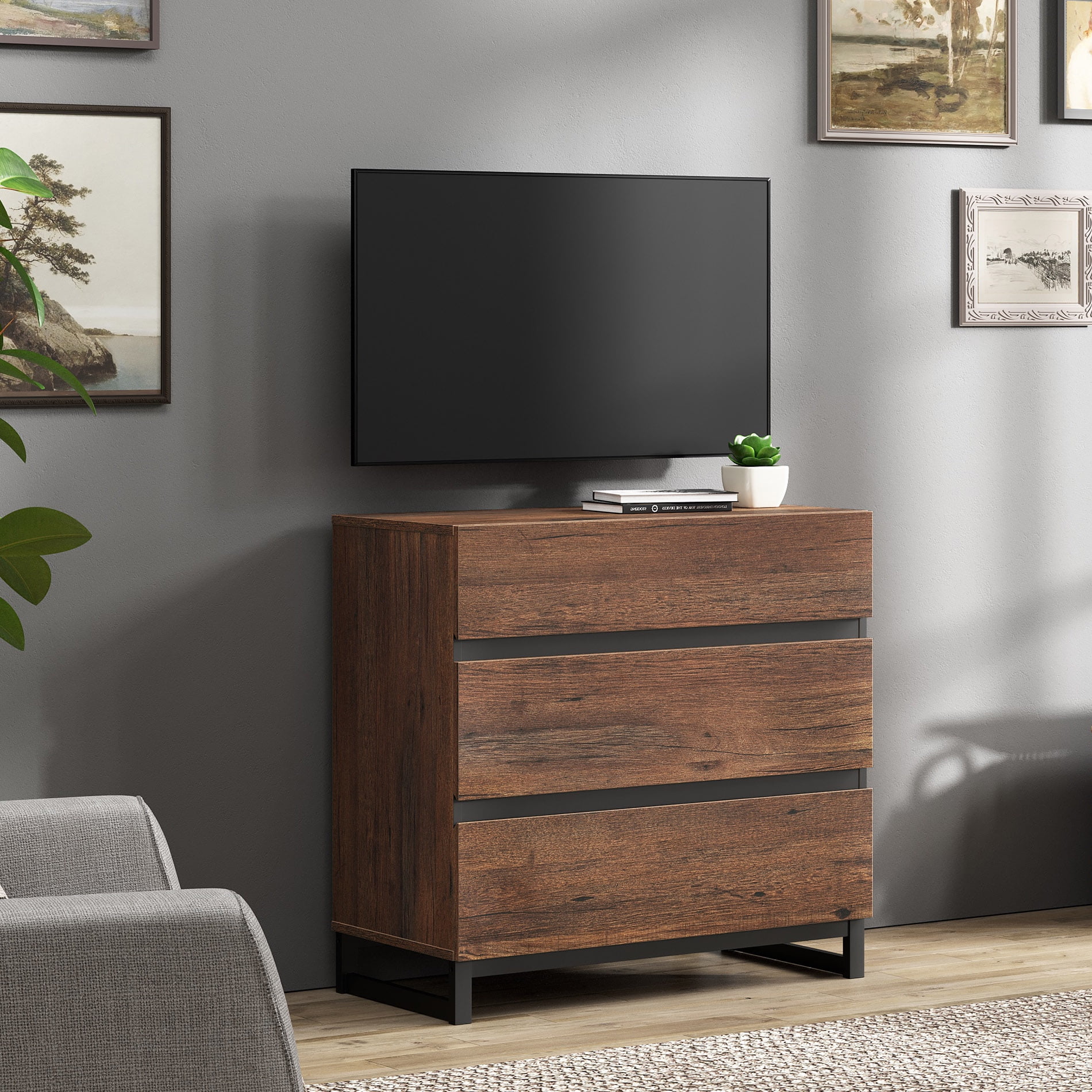 Modern TV Stand with 3 Drawers and Metal Base, Entertainment Center Media Console for Living Room Bedroom, Fits TVs up to 40 Inch, Brown