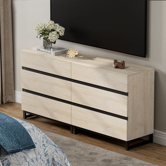 Modern TV Stand with 6 Drawers and Metal Base, Entertainment Center Media Console for Living Room Bedroom, Fits TVs up to 70 Inch, Beige