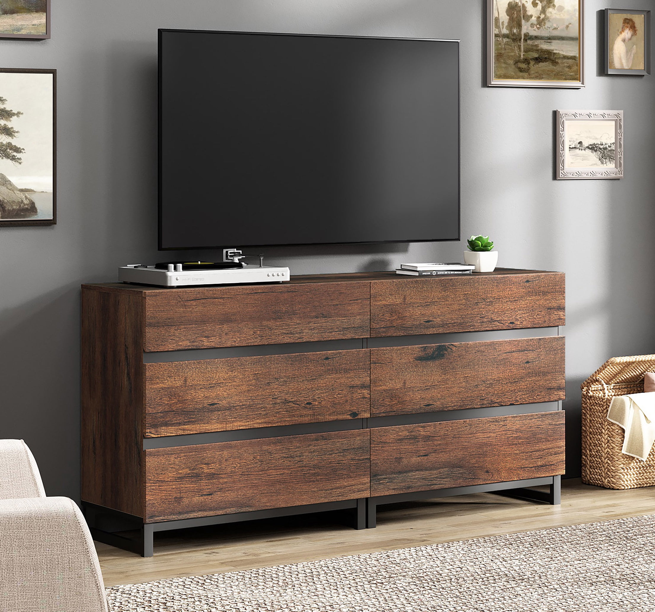 Modern TV Stand with 6 Drawers and Metal Base, Entertainment Center Media Console for Living Room Bedroom, Fits TVs up to 70 Inch, Brown