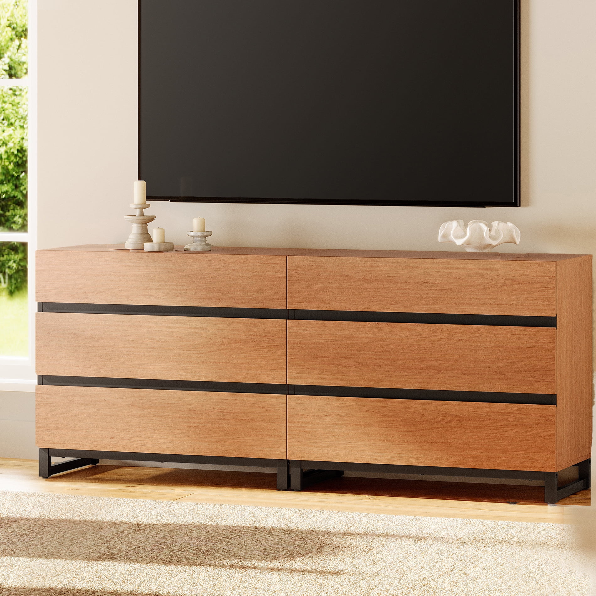 Modern TV Stand with 6 Drawers and Metal Base, Entertainment Center Media Console for Living Room Bedroom, Fits TVs up to 70 Inch, Mocha