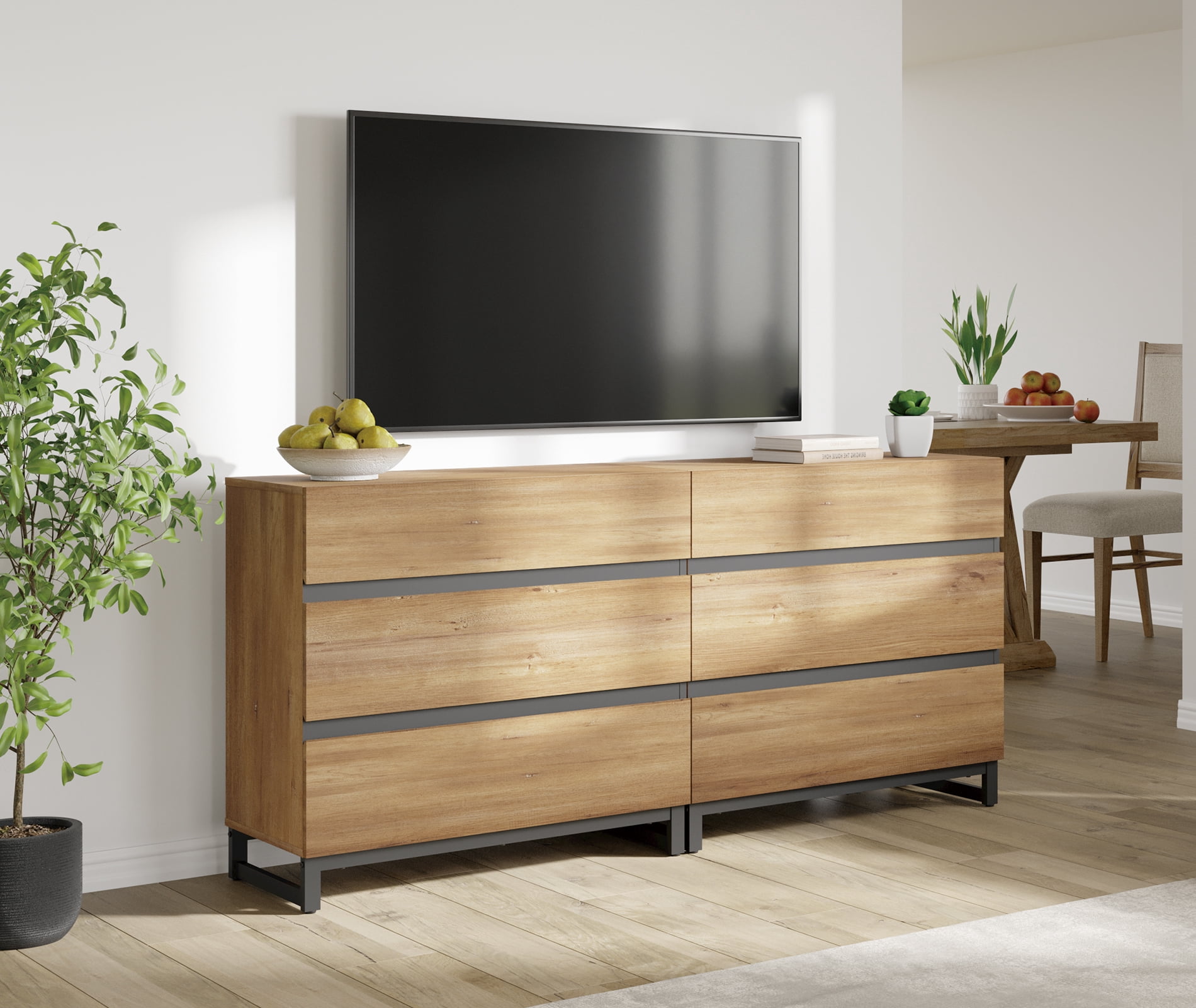 Modern TV Stand with 6 Drawers and Metal Base, Entertainment Center Media Console for Living Room Bedroom, Fits TVs up to 70 Inch, Oak