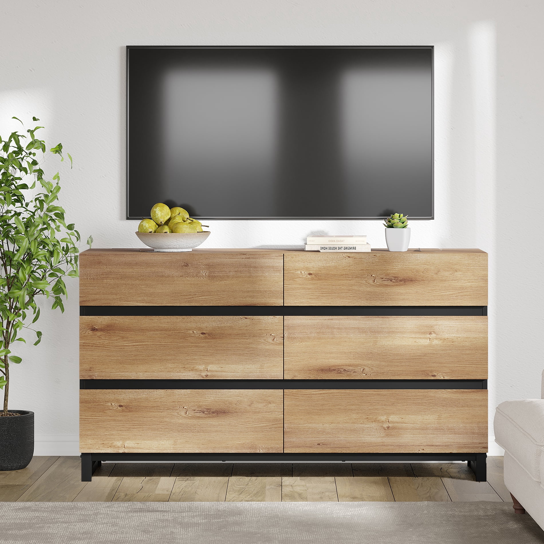 Modern TV Stand with 6 Drawers and Sturdy Metal Base, Entertainment Center Media Console for Living Room and Bedroom, Fits TVs up to 50 Inch, Oak