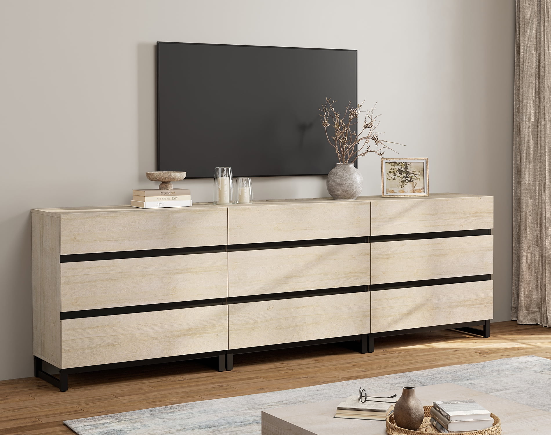 Modern TV Stand with 9 Drawers and Metal Base, Entertainment Center Media Console for Living Room Bedroom, Fits TVs up to 100 Inch, Beige