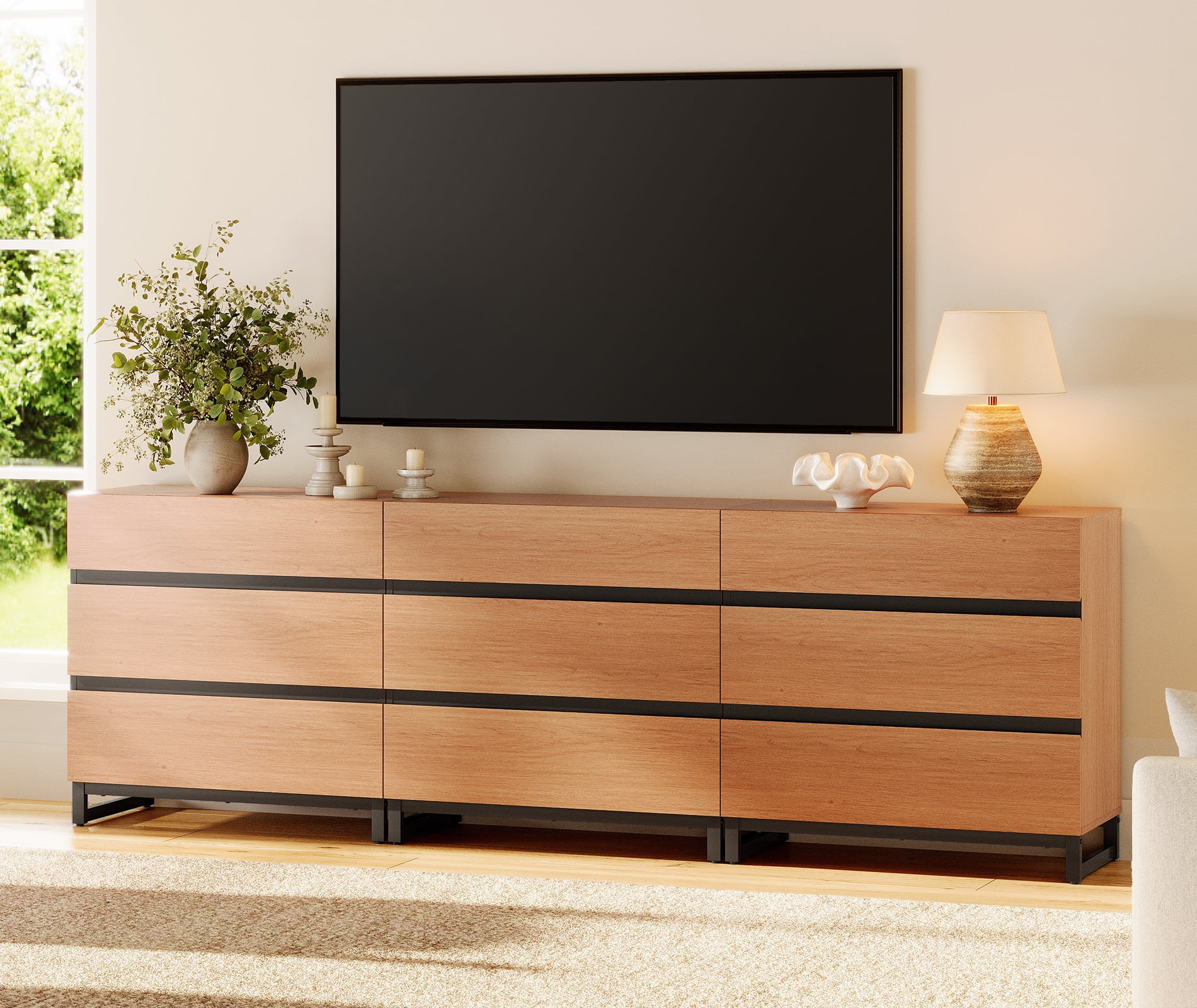 Modern TV Stand with 9 Drawers and Metal Base, Entertainment Center Media Console for Living Room Bedroom, Fits TVs up to 100 Inch, Mocha