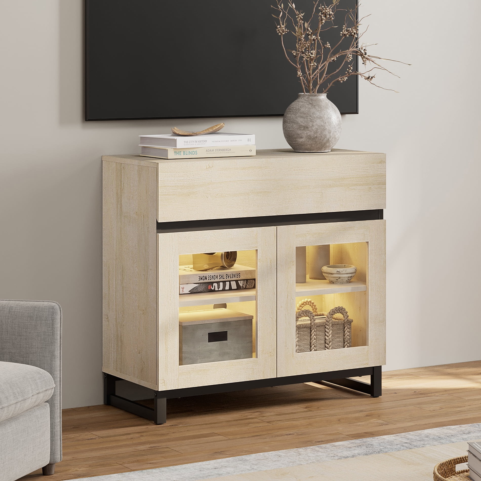 Modern TV Stand with Glass Door & 1 Drawer, Metal Base Entertainment Console for 32-40 Inch TVs, Media Console for Living Room & Bedroom,Beige