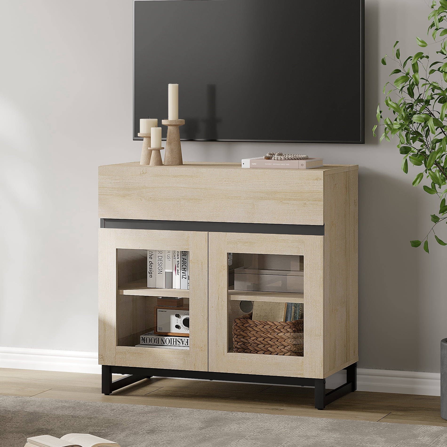 Modern TV Stand with Glass Door & 1 Drawer, Metal Base Entertainment Console for 32-40 Inch TVs, Media Console for Living Room & Bedroom,Beige