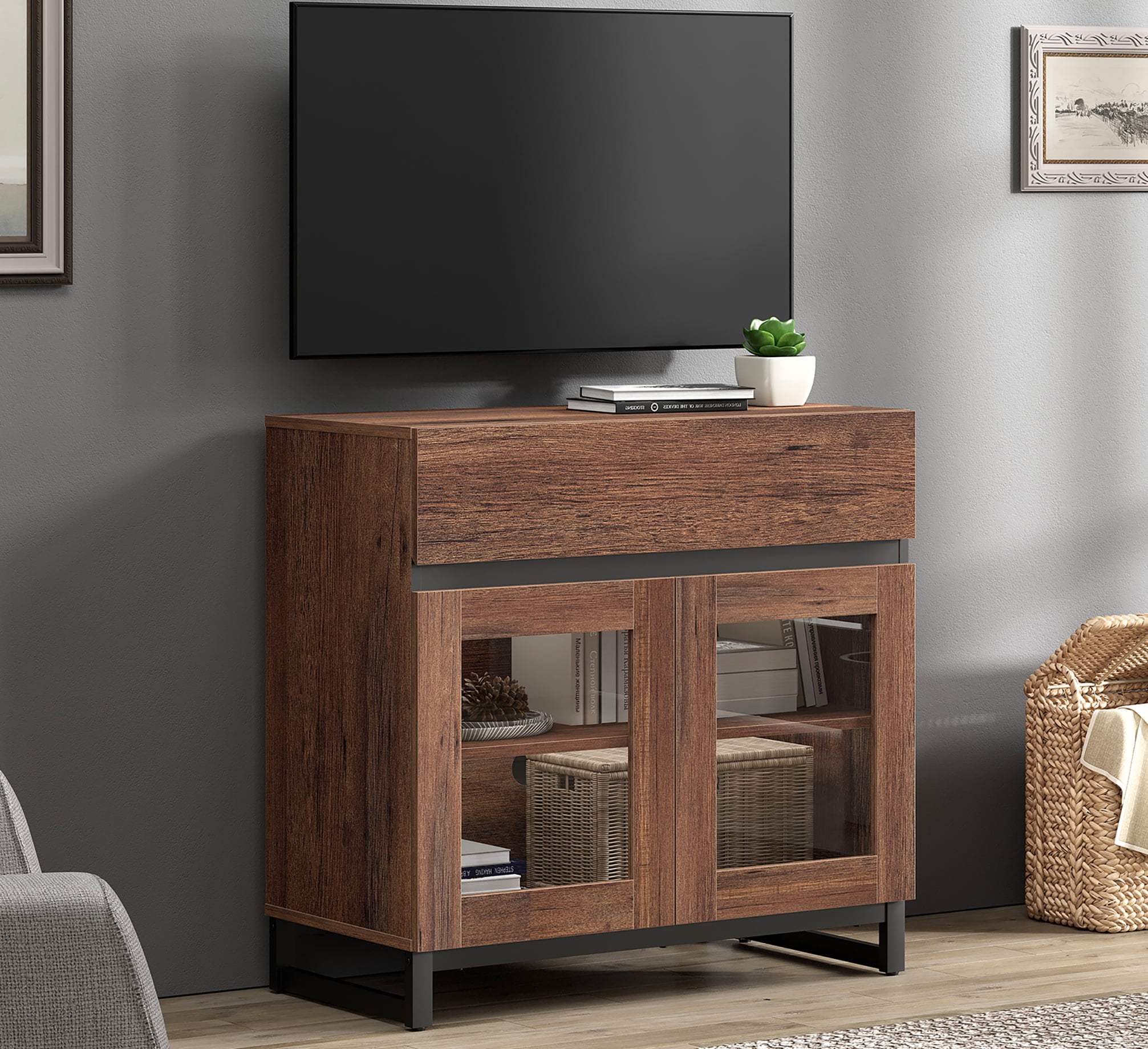 Modern TV Stand with Glass Door & 1 Drawer, Metal Base Entertainment Console for 32-40 Inch TVs, Media Console for Living Room & Bedroom,Brown