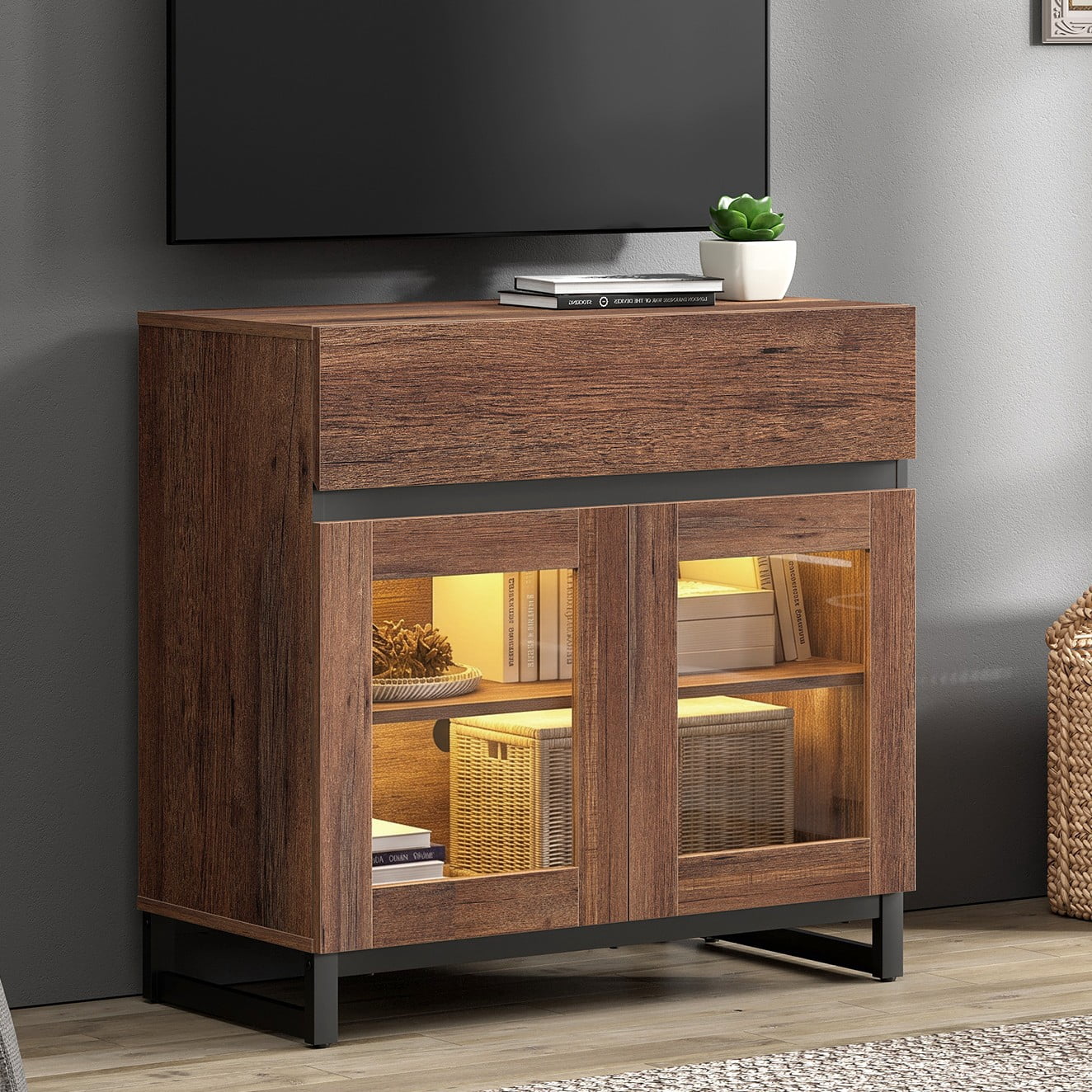Modern TV Stand with Glass Door & 1 Drawer, Metal Base Entertainment Console for 32-40 Inch TVs, Media Console for Living Room & Bedroom,Brown