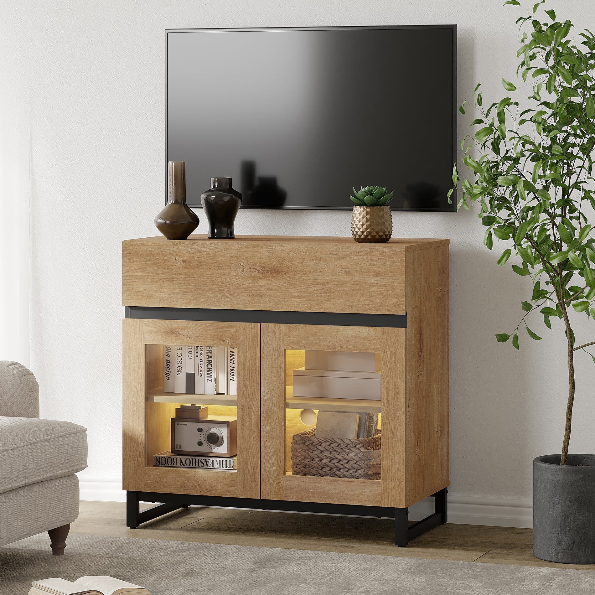 Modern TV Stand with Glass Door & 1 Drawer, Metal Base Entertainment Console for 32-40 Inch TVs, Media Console for Living Room & Bedroom,Oak