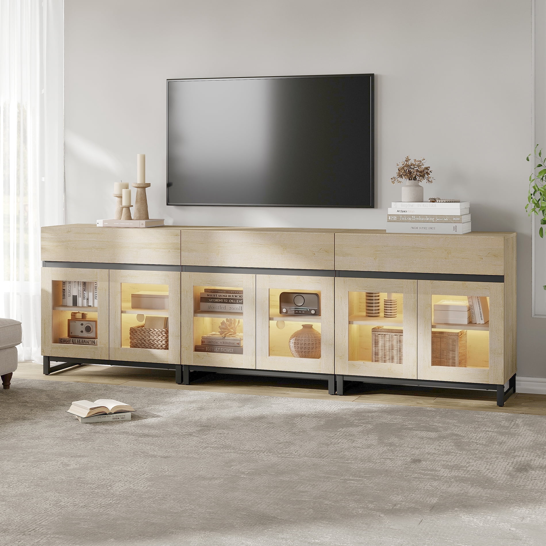 Modern TV Stand with Glass Door & Drawer, Metal Base Entertainment Console up to 100 Inch TVs, Media Console for Living Room & Bedroom,Beige