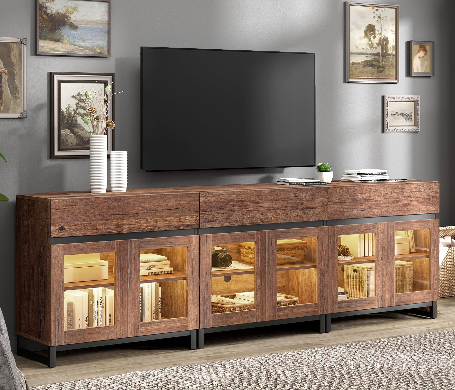 Modern TV Stand with Glass Door & Drawer, Metal Base Entertainment Console up to 100 Inch TVs, Media Console for Living Room & Bedroom,Brown