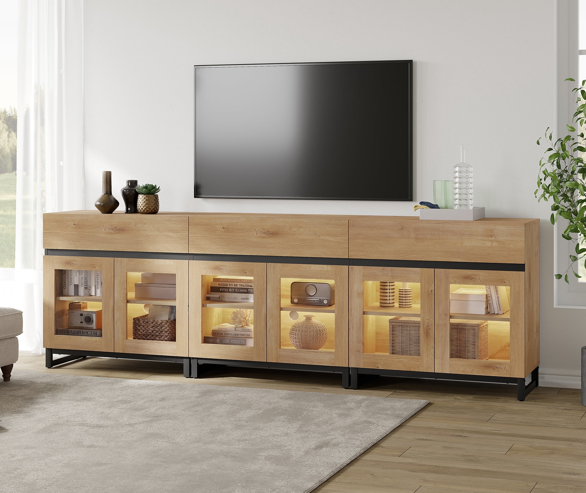 Modern TV Stand with Glass Door & Drawer, Metal Base Entertainment Console up to 100 Inch TVs, Media Console for Living Room & Bedroom,Oak