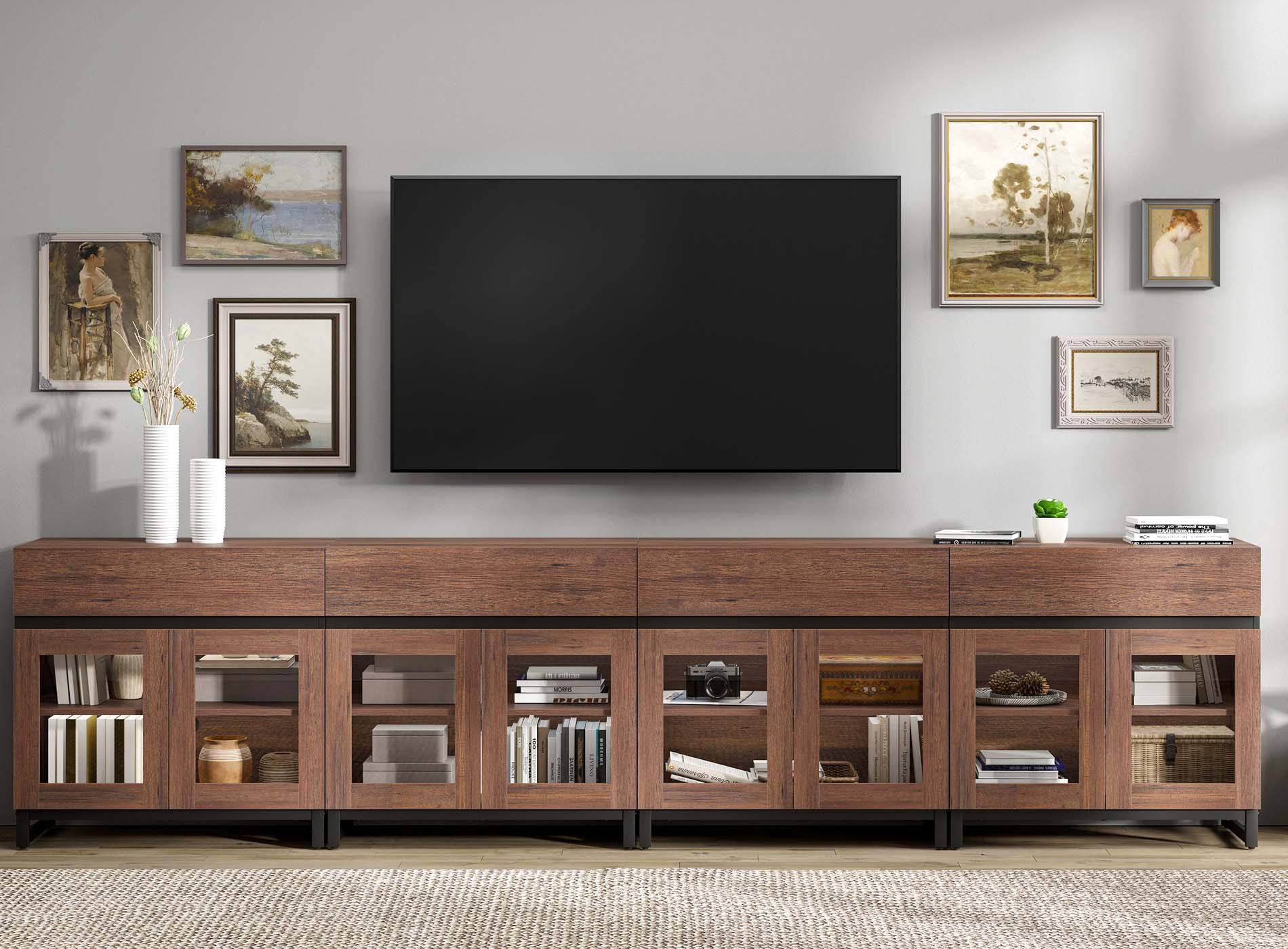 Modern TV Stand with Glass Door & Drawer, Metal Base Entertainment Console up to 120 Inch TVs, Media Console for Living Room & Bedroom,Brown