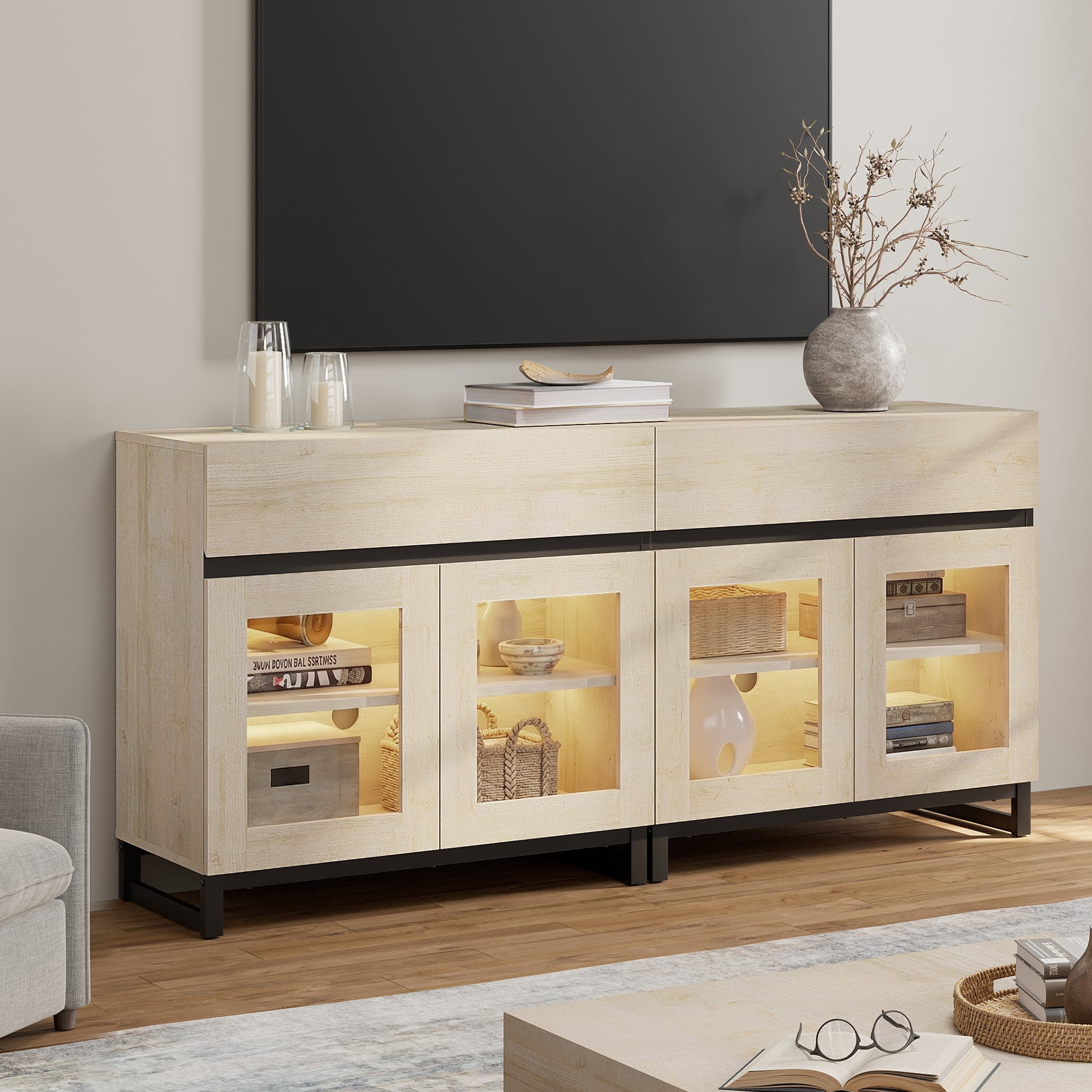 Modern TV Stand with Glass Door & Drawer, Metal Base Entertainment Console up to 70 Inch TVs, Media Console for Living Room & Bedroom,Beige