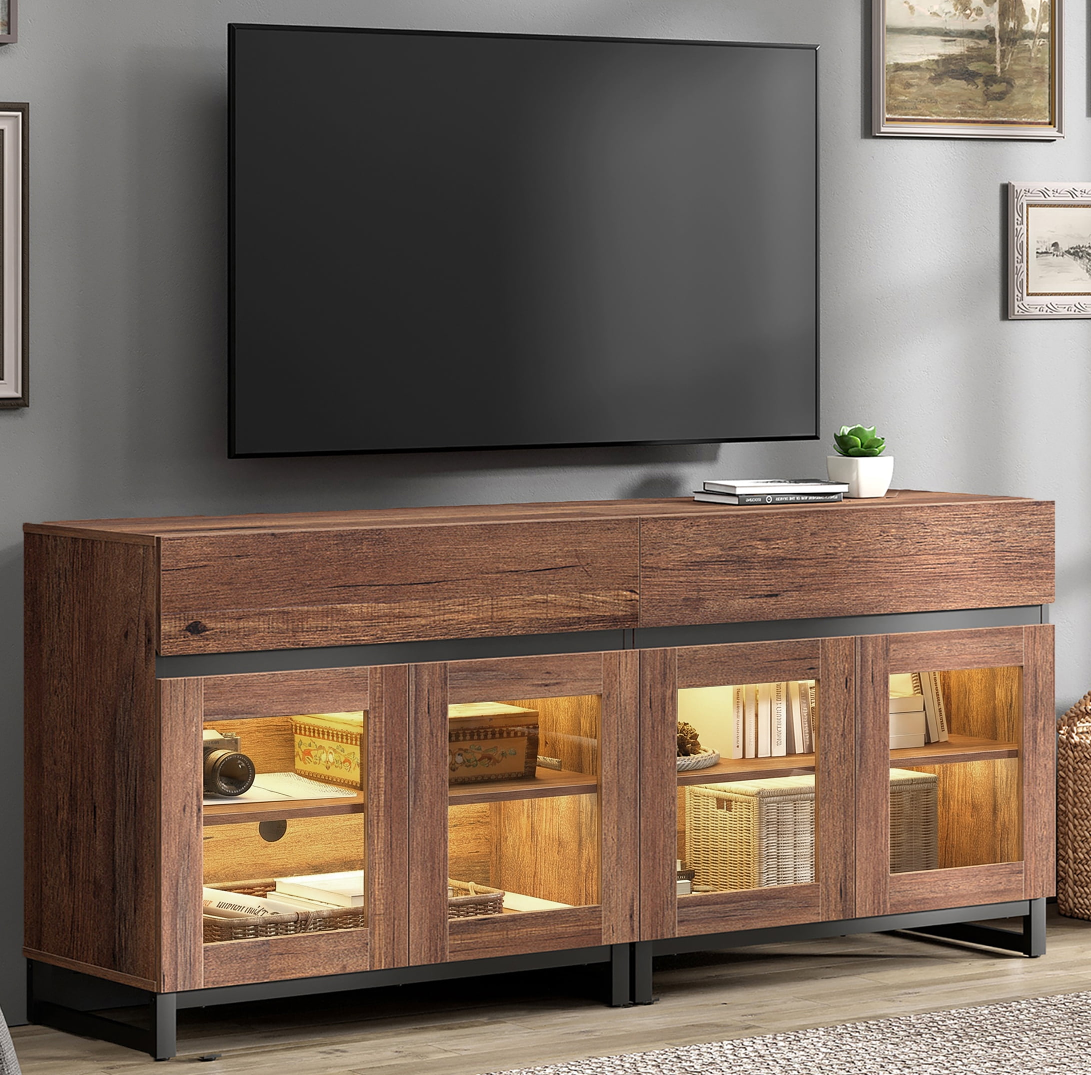 Modern TV Stand with Glass Door & Drawer, Metal Base Entertainment Console up to 70 Inch TVs, Media Console for Living Room & Bedroom,Brown