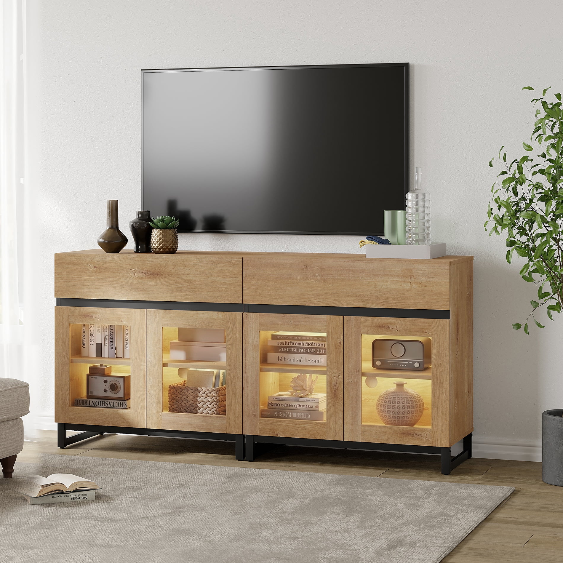 Modern TV Stand with Glass Door & Drawer, Metal Base Entertainment Console up to 70 Inch TVs, Media Console for Living Room & Bedroom,Oak