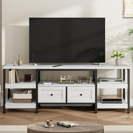 Modern TV Stand with Storage Shelves, Media Console Table for TV, for Living Room, Bedroom, 63"/71"79"W TV Cabinet with 2 Fabric Drawers & 4 Layers