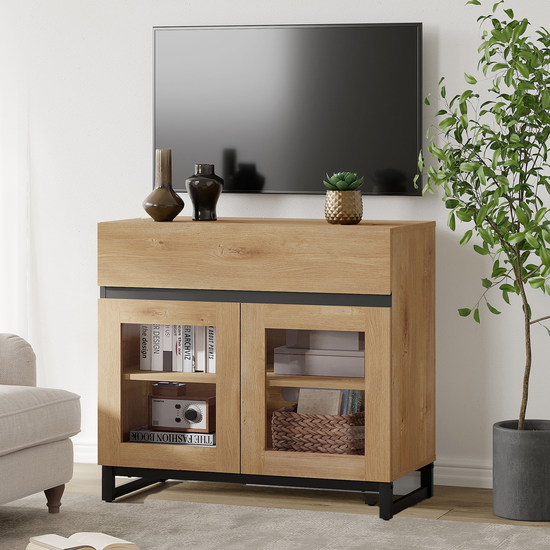 Modern TV Stand with Tempered Glass Doors for 32-40 inch TVs, Entertainment Center Console with Single Drawer and Sturdy Metal Base