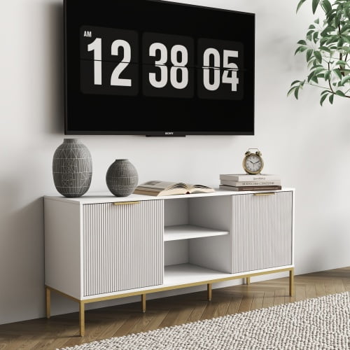 Modern TV Stand with Wave Doors, Adjustable Shelf & Gold Legs - White Media Console for 60-69 Inch TVs, Living Room Storage Cabinet
