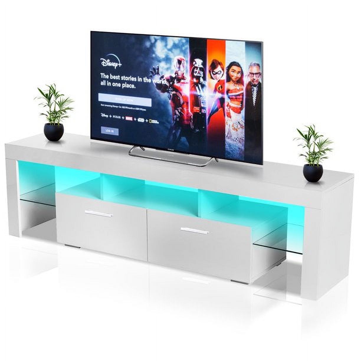 Modern TV Stands with LED Lights, High Gloss TV Entertainment Center for 70 Inch TV with 2 Flip Down Drawers and Open Shelves, Modern Console Media Table Storage Desk for Up to 70 Inch TV, White - image 1 of 9