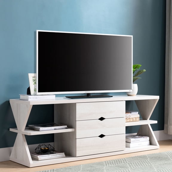 Modern TV stand with four open shelves and three drawers for 60 - 69 inch TV provides media storage