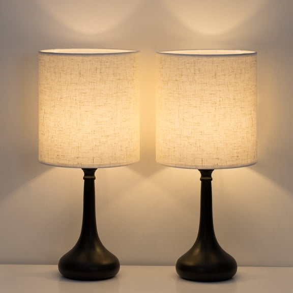 Modern Table Desk Lamp Set of 2 with Fabric Shade Nickel Black Base