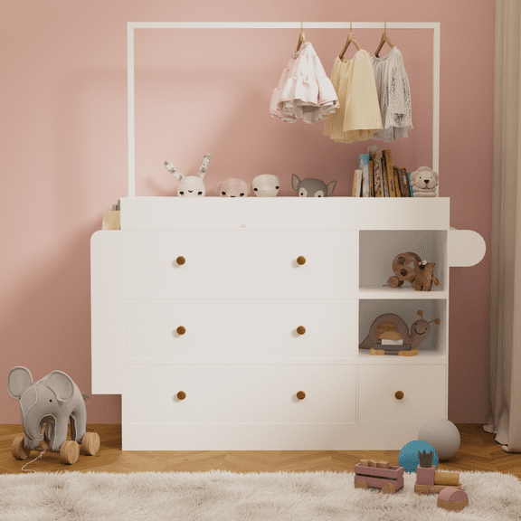 Modern Table Dresser, Dressing Table with 3 extra deep Drawers and Storage Shelves and Hangers, Multi-Functional Changing Table with Drying Rack , White