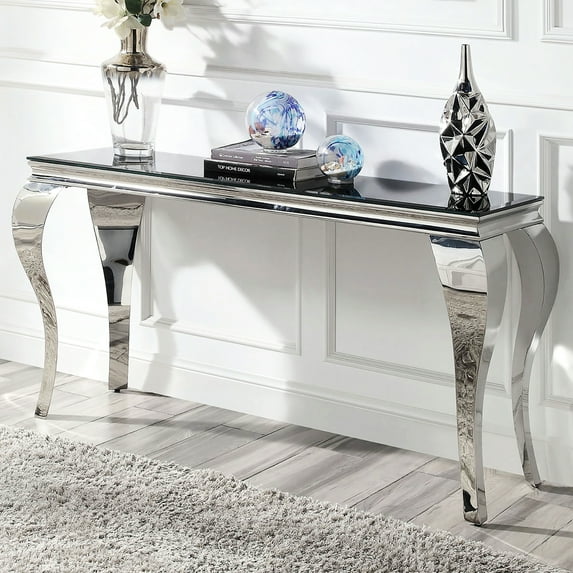 Modern Table For Interior, Black Tempered Glass Top And Silver Metal Legs Contemporary Interior Table, With Stainless Steel -style