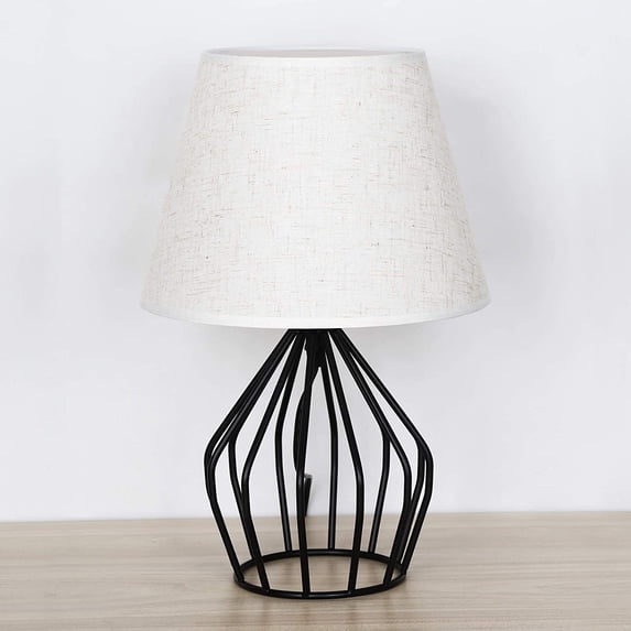 Modern Table Lamp Black Metal Hollow Out Base, Small Nightstand Lamp With Linen Lampshade