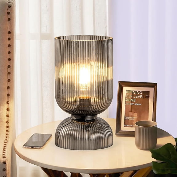 Modern Table Lamp,Glass Mid Century Lamp with Smoky Gray Glass Shade, Bedside On/Off Switch, Minimalist Nightstand for Bedroom, Living Room, Office (Bulb not Included)